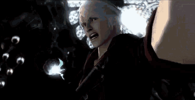 a man with white hair is holding a gun in a video game and making a funny face .
