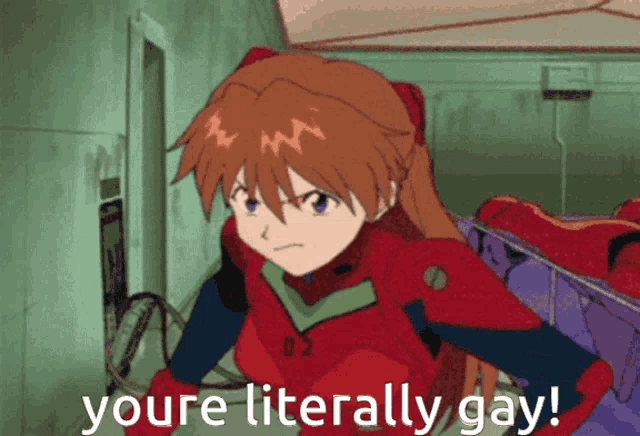 a cartoon of a girl with the words " youre literally gay "