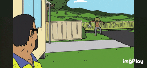 a cartoon of a man looking out a window at a fenced in yard