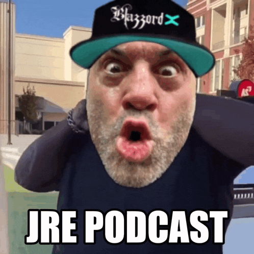 a man with a beard wearing a blizzard hat says jre podcast