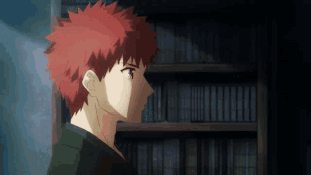 a cartoon character with red hair stands in front of a bookshelf