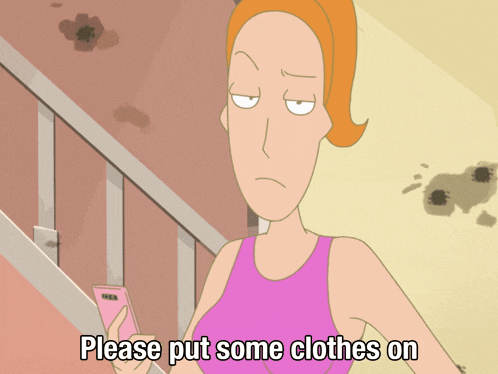a woman in a pink tank top is holding a pink cell phone and says please put some clothes on
