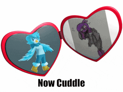 a heart shaped mirror has a picture of a blue bird and a purple rabbit on it