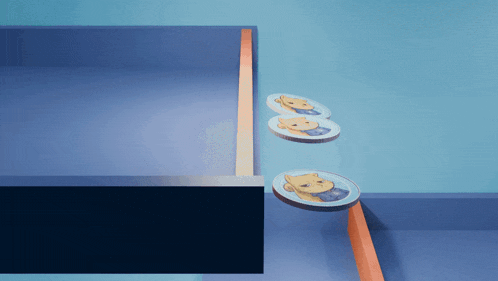 three coins with a picture of a dog on them are floating in the air