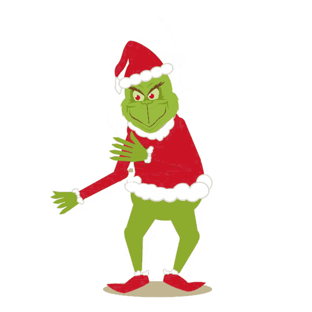a cartoon grinch wearing a santa hat and a red sweater