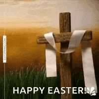 a wooden cross with a white ribbon around it and the words `` happy easter '' below it .