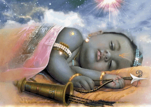a painting of a baby sleeping with a bow and arrow on the ground
