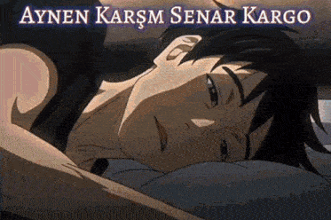 a man laying on a bed with the words aynen karsm senar kargo written above him