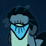 a cartoon drawing of a shark with a blue scarf around its neck