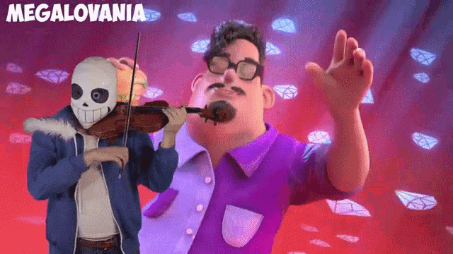 a man in a skeleton mask is playing a violin next to another man