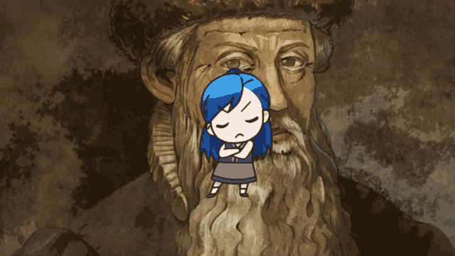 a drawing of a man with a beard and a girl with blue hair behind him
