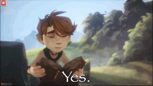 a cartoon of a boy reading a book with the words yes written below him