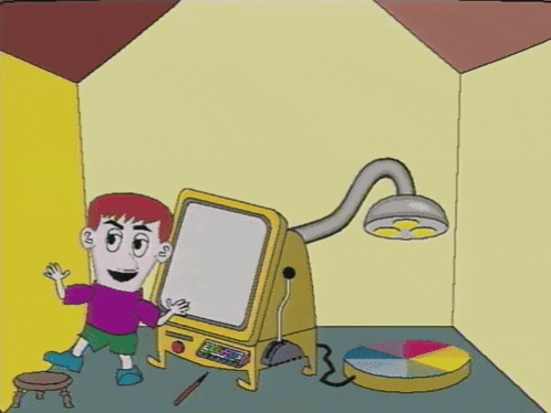 a cartoon of a boy standing in front of a computer monitor