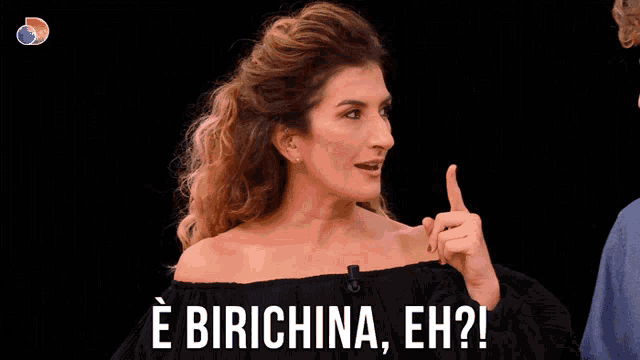 a woman with a finger on her lips and the words e birichina eh written below her