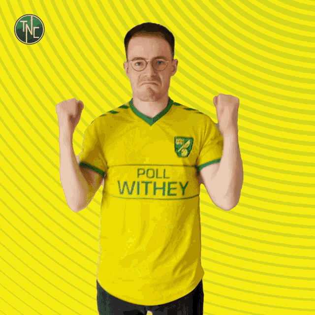 a man in a yellow shirt that says " poll withey "