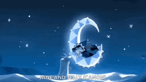 a cartoon drawing of jane and jelly canon sitting on a crescent moon