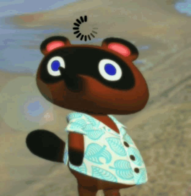 tom nook from animal crossing is wearing a blue and white shirt with leaves on it