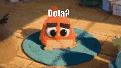 a cartoon angry bird is sitting on a rug with the words dota written on it