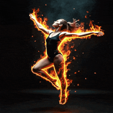 a woman in a black leotard is surrounded by fire