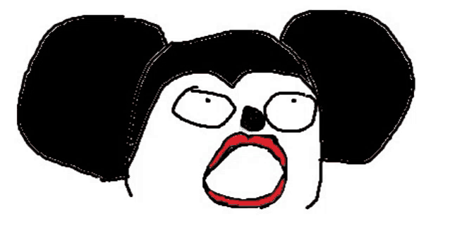 a drawing of a mickey mouse with a surprised look on his face and red lips .
