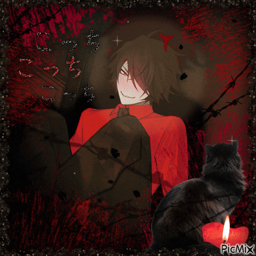 a picture of a man in a red shirt with a black cat and a candle with picmix written on it