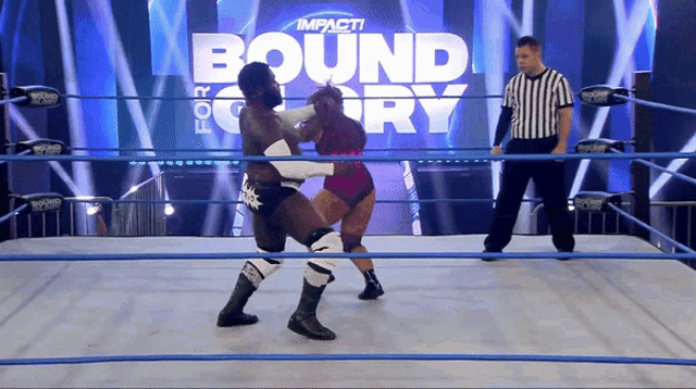 two wrestlers in a ring with a sign that says impact bound for glory