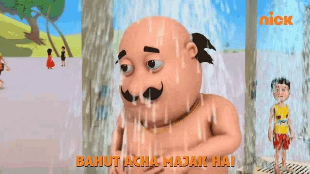 a cartoon of a bald man with a mustache taking a shower with the words bahut acha majak hai below him