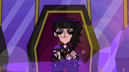 a cartoon of a person in a coffin with a microphone