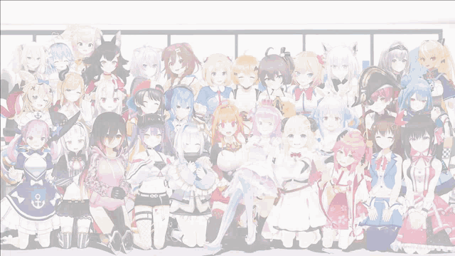 a large group of anime girls are posing for a photo
