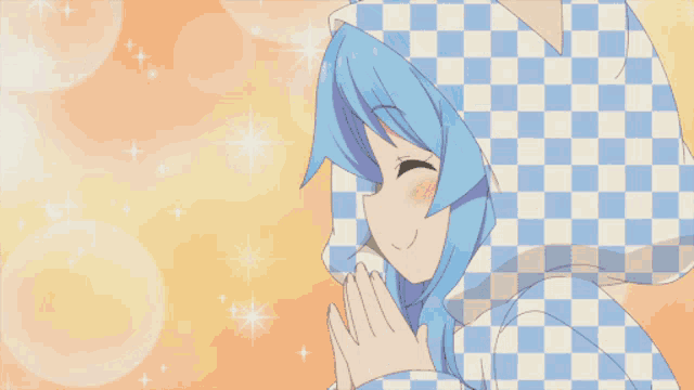 a girl with blue hair and yellow eyes is wearing a blue and white checkered hoodie