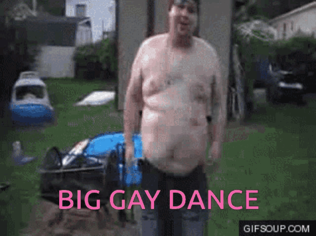 a man without a shirt is dancing in front of a sign that says " big gay dance "