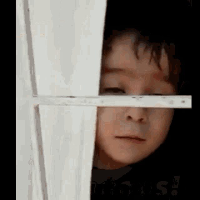 a young boy is peeking out of a window through a fence .
