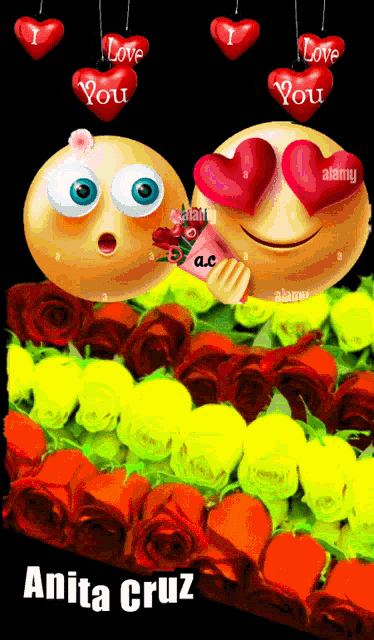 a couple of smiley faces with hearts in their eyes and the words " i love you " above them