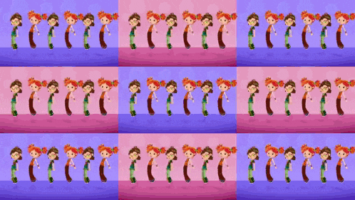 a row of cartoon characters with red hair on a pink and purple background
