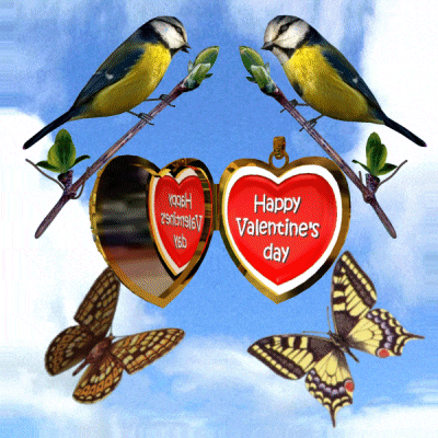 a valentine 's day greeting card with two birds and butterflies