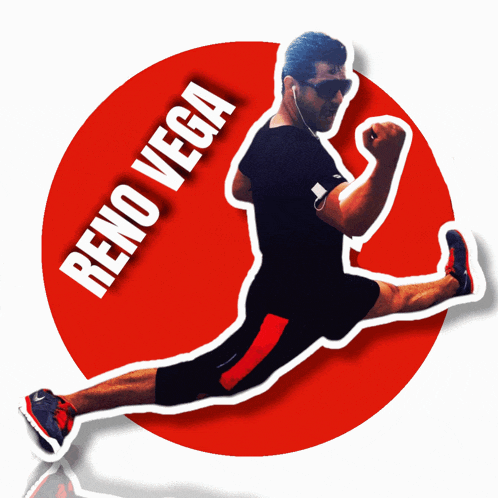 a sticker of a man doing a split with the name reno vega below him