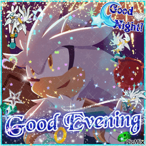 a picture of silver the hedgehog with the words good evening on the bottom