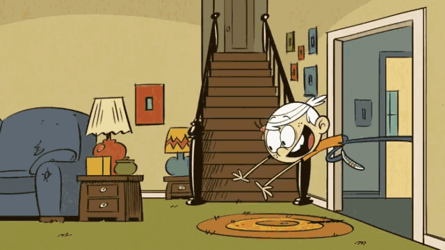 a cartoon of lincoln loud jumping up the stairs