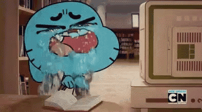 gumball from the amazing world of gumball is crying in front of a television