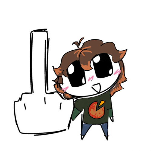 a cartoon character giving the middle finger with a pizza on his shirt