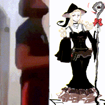 a man is standing next to a drawing of a witch with a cane