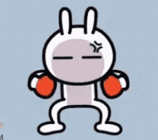 a cartoon rabbit wearing boxing gloves with an angry face
