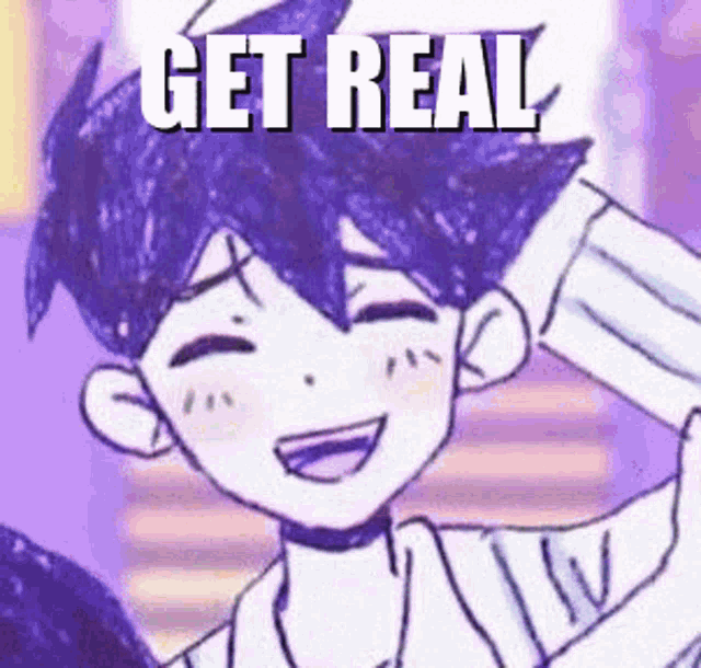 a drawing of a boy with purple hair and the words `` get real '' written above him .