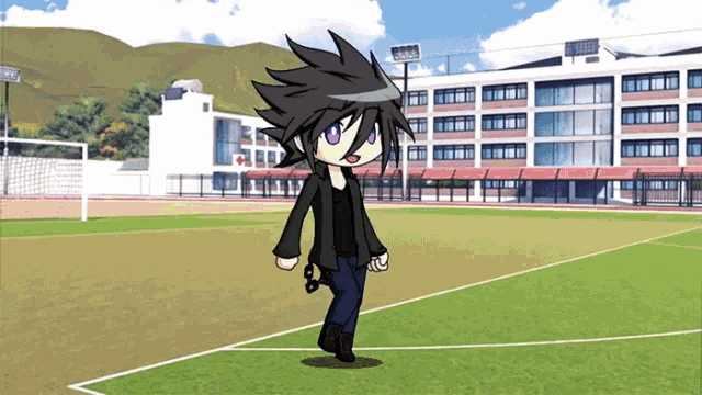 a cartoon character with black hair and purple eyes walks on a field
