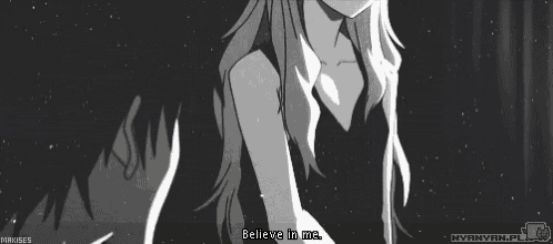 a close up of a person 's face with the words believe in me written below it