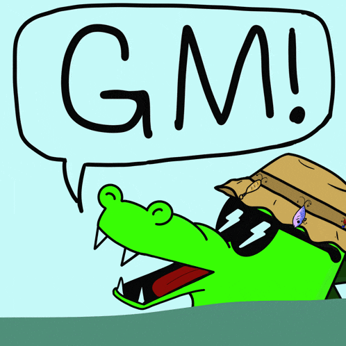 a cartoon alligator wearing sunglasses and a hat says gm