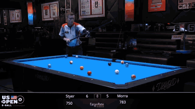a pool table with a player named styer on the side