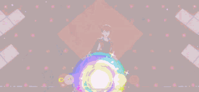 a pixel art of a boy holding a sword in front of a rainbow background