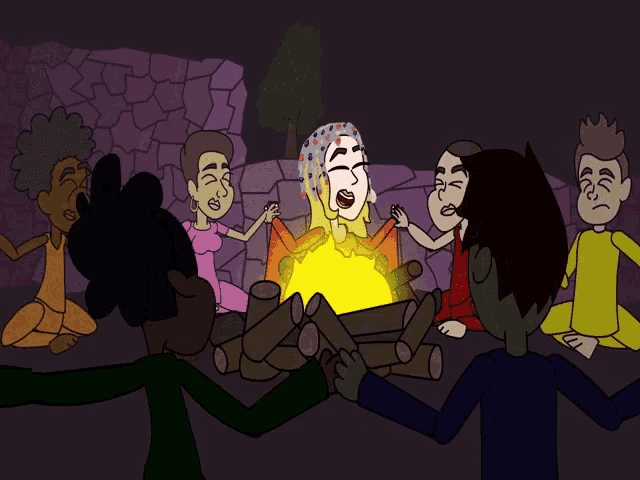 a group of cartoon characters are gathered around a campfire