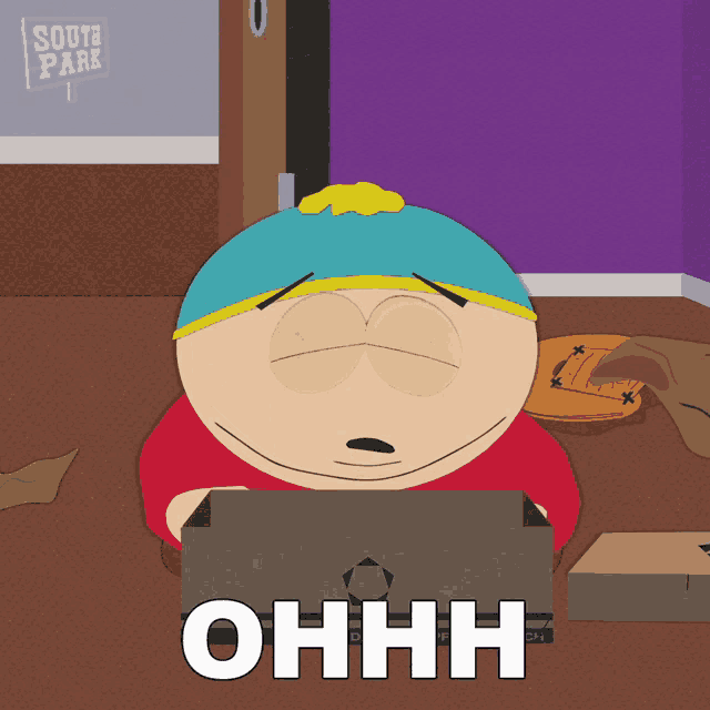 a cartoon character from south park is sitting in front of a box that says ohhh